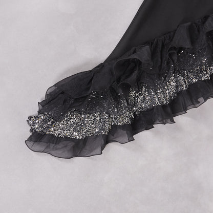Ruffled Black Mesh Asymmetric Dress Long Party Sexy Cocktail Bandage Dress for Women - Iyanka