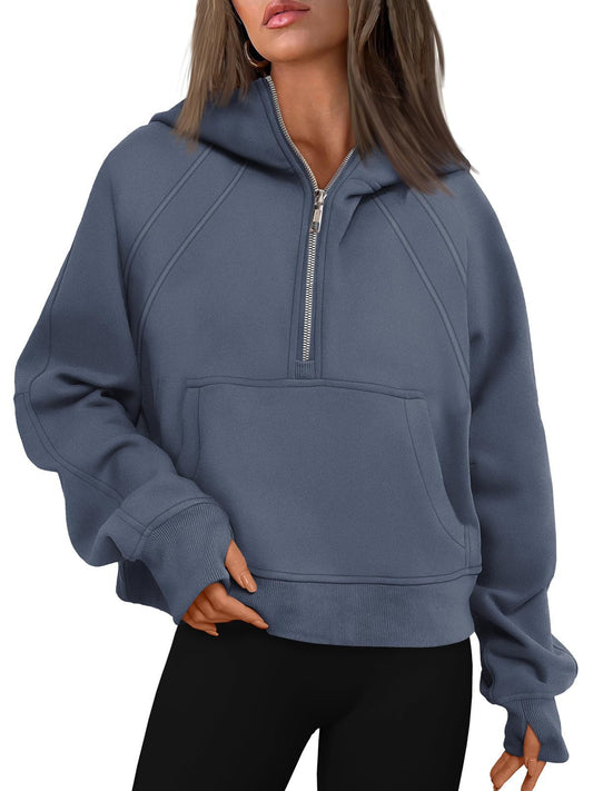 Half Zipper Pullover Hooded Sweatshirt Fleece Short Chic Scuba Sweater for Women - Iyanka