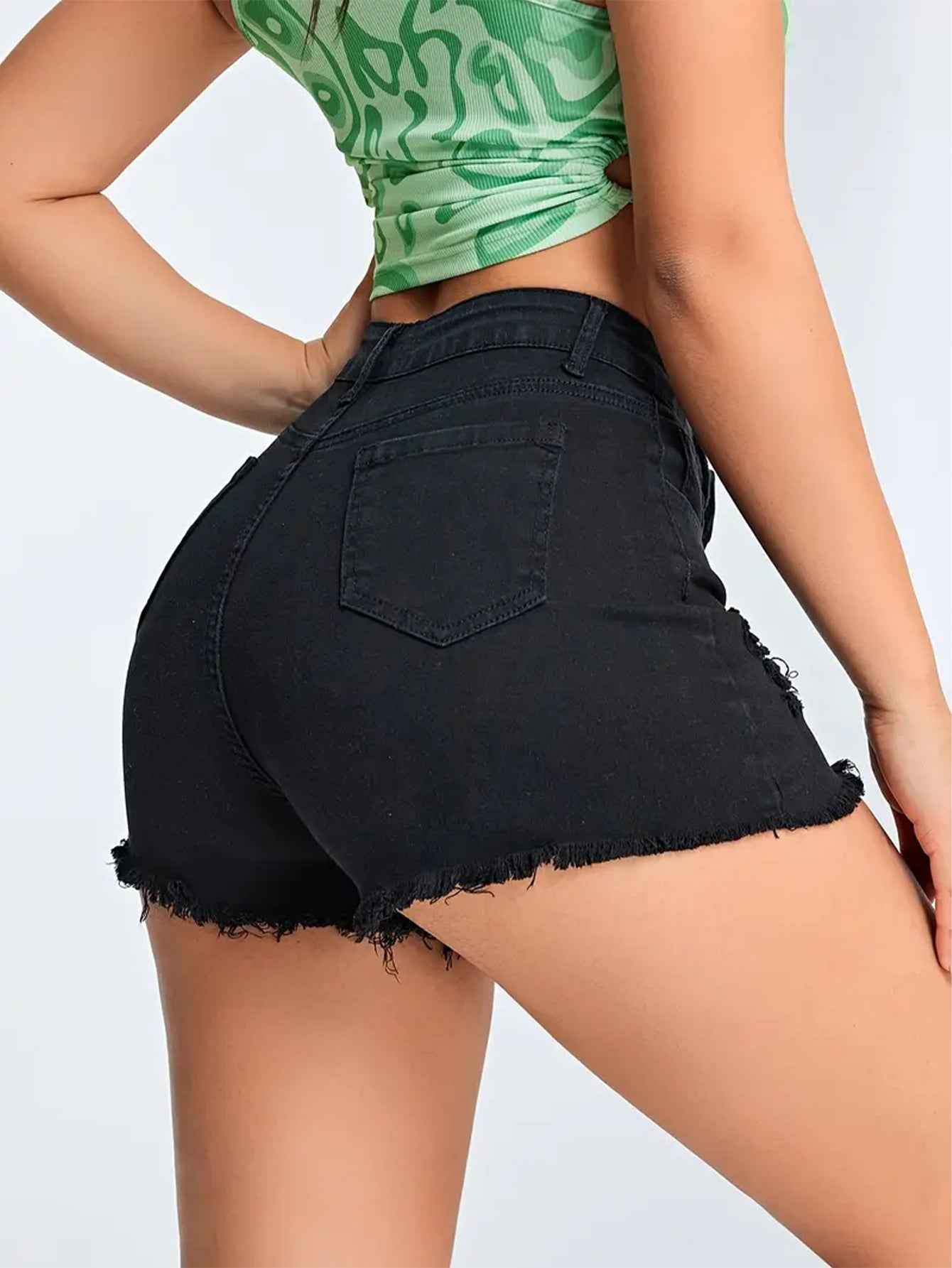 Ripped Black Denim Casual Slim Fit Figure Flattering Multi Craft Design Women Denim Shorts Denim Shorts Shorts