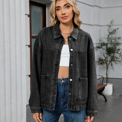Women Clothing Retro Loose Casual Long Sleeve Coat Early Autumn Polo Collar Denim Coat - Iyanka