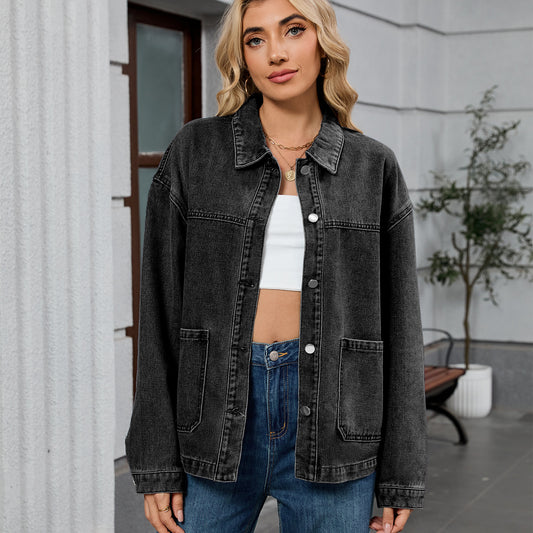 Women Clothing Retro Loose Casual Long Sleeve Coat Early Autumn Polo Collar Denim Coat - Iyanka
