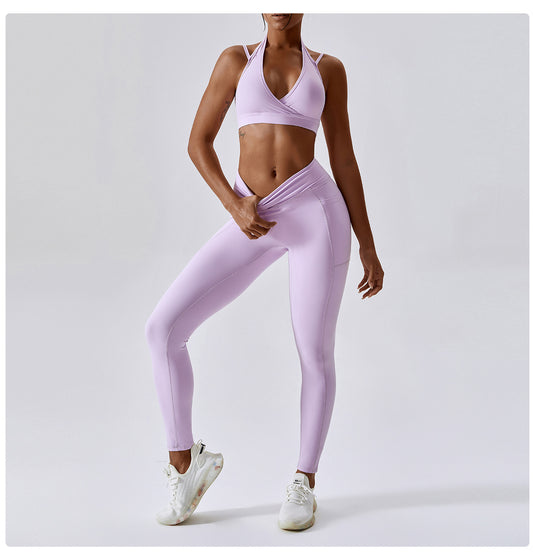 Nude Feel Yoga Pants Hip Lifting Pocket Quick Drying Fitness Pants Criss Cross Waist Head Skinny Running Sports Pants Women - Iyanka