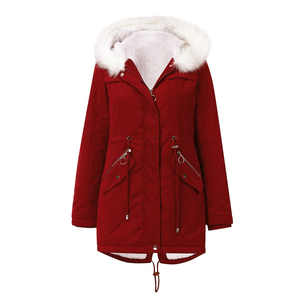 Women Cotton Padded Coat White Fur Collar Parka Mid Length Hooded Winter Warm Velvet Coat Woman Cotton Dress - Iyanka