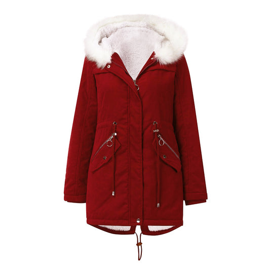 Women Cotton Padded Coat White Fur Collar Parka Mid Length Hooded Winter Warm Velvet Coat Woman Cotton Dress - Iyanka