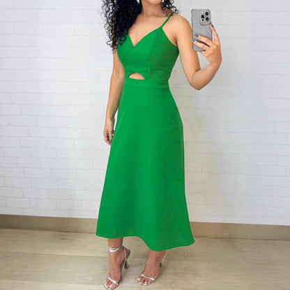 Women Solid Color Cutout Sling Casual Dress