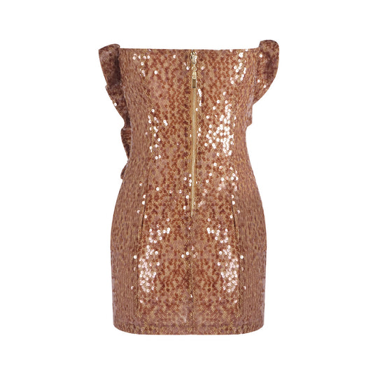 Premium Brown Sequined Evening Dress Three Dimensional Floral Ruffled Design Star Same Slim Fit Dress - Iyanka
