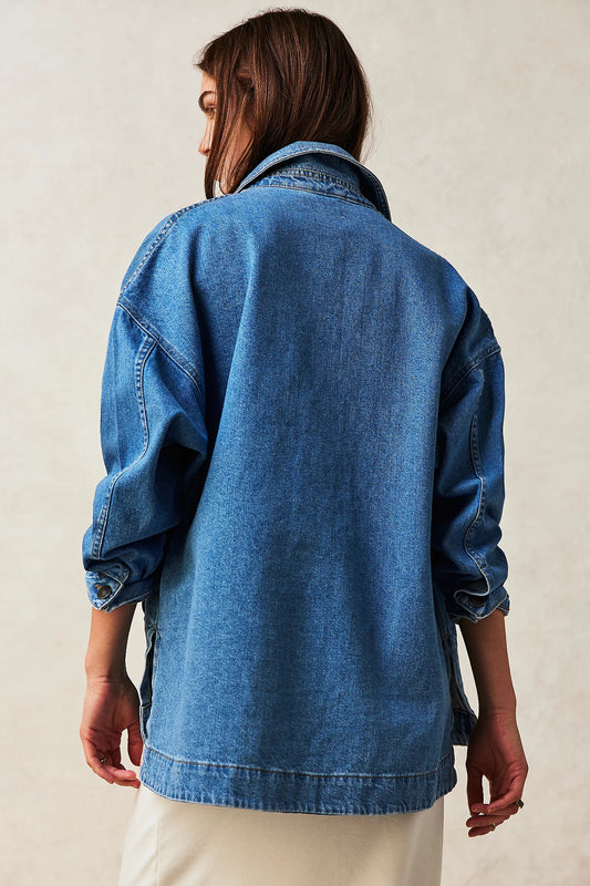 Casual Pocket Side Slit Denim Women Coat - Iyanka