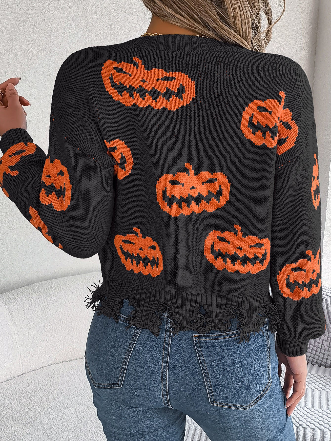 Autumn Winter Halloween Contrast Color Pumpkin Cut Rotten Long Sleeve Pullover Women Clothing - Iyanka