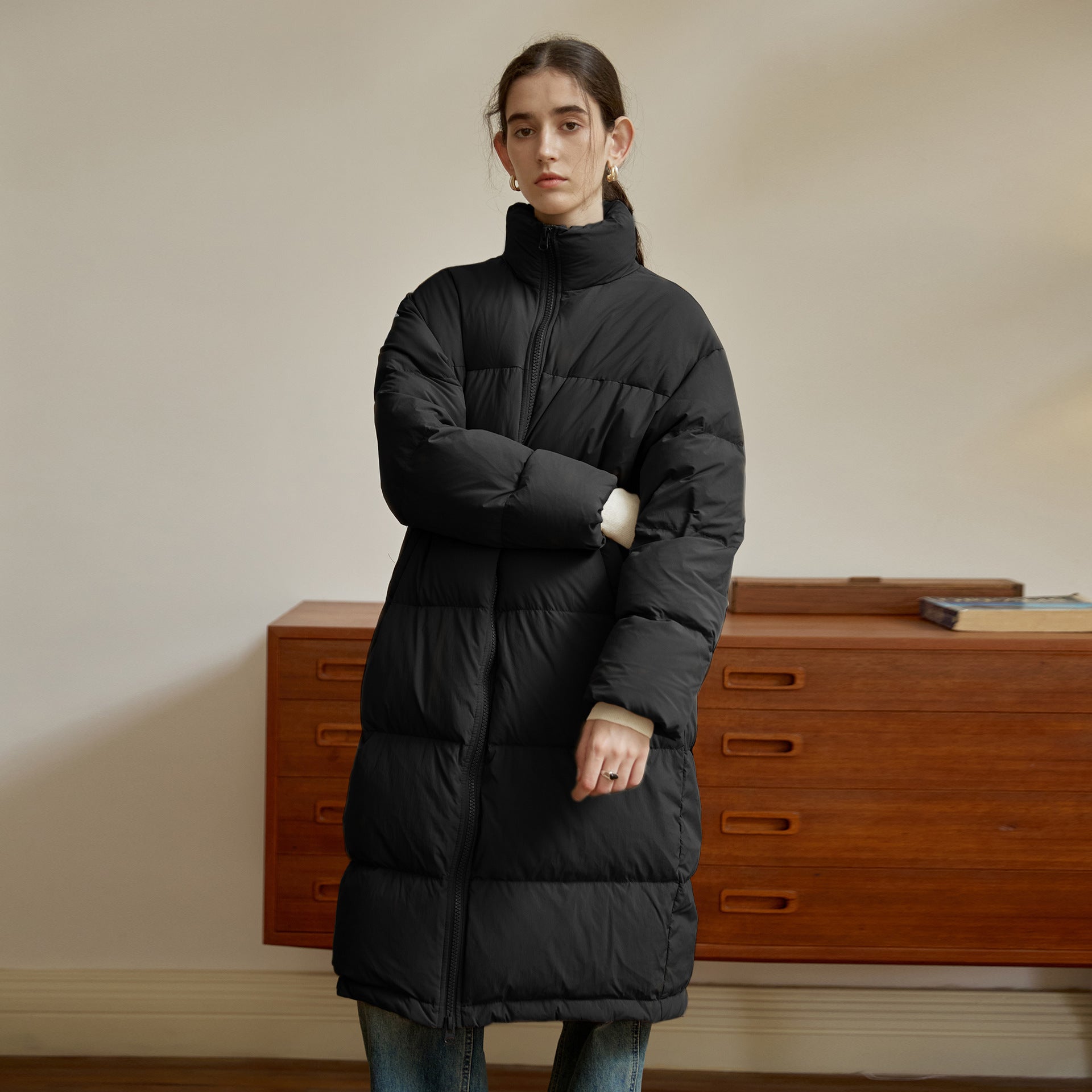 Zipper Snap on Half Turtleneck down Jacket Women Winter Warm Long Windproof Coat Three Dimensional Pocket Bread Coat - Iyanka