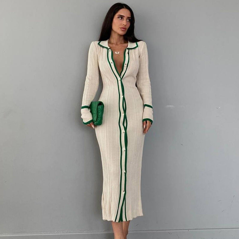 Slim Collared Patchwork Women Long Sleeved Cardigan Dress