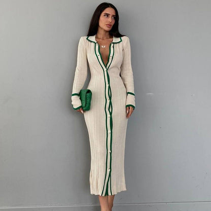 Slim Collared Patchwork Women Long Sleeved Cardigan Dress