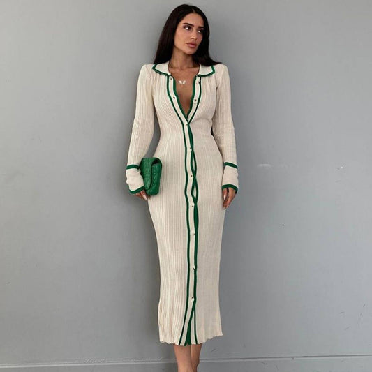 Slim Collared Patchwork Women Long Sleeved Cardigan Dress