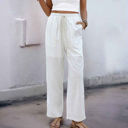 Women’s Summer Elegant White Lace-Up High Waist Trousers