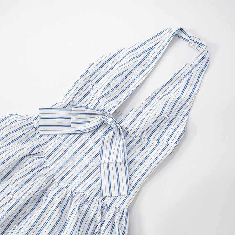Summer Striped Backless Dress for Women with French Bow Halter Design