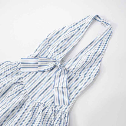 Summer Striped Backless Dress for Women with French Bow Halter Design