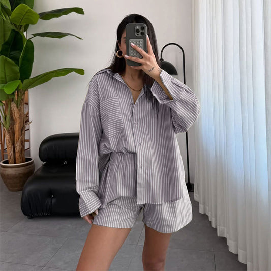 Summer Striped Cardigan Long Sleeved Women Shirt Shorts Two Piece Set - Iyanka