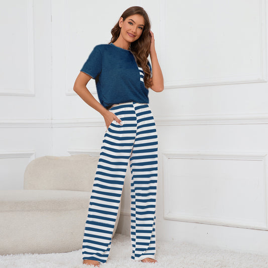 Real Shot round Neck Short Sleeve Top Striped Printed Lace Trousers Home Wear Pajamas Suit for Women - Iyanka