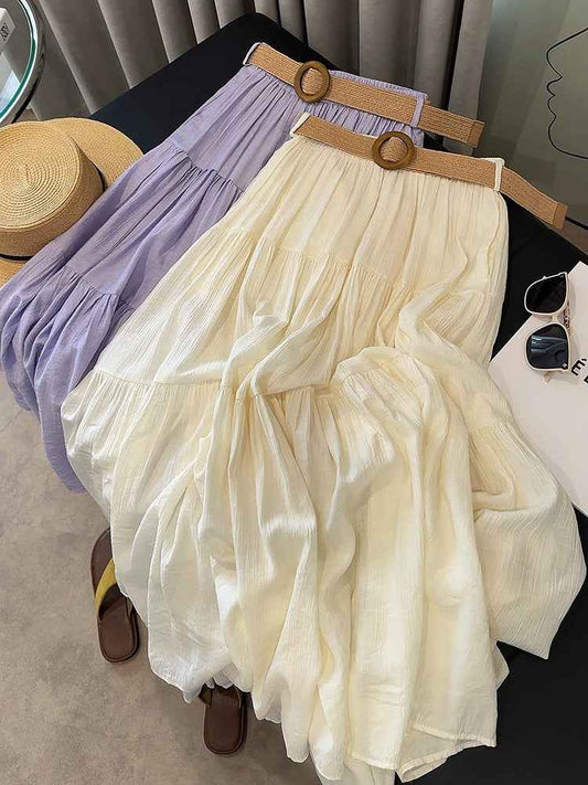 ICE Cotton Linen Skirt Women Summer Artistic Cover Figure Flattering Flowy Mid Length Skirt Oversized Skirt