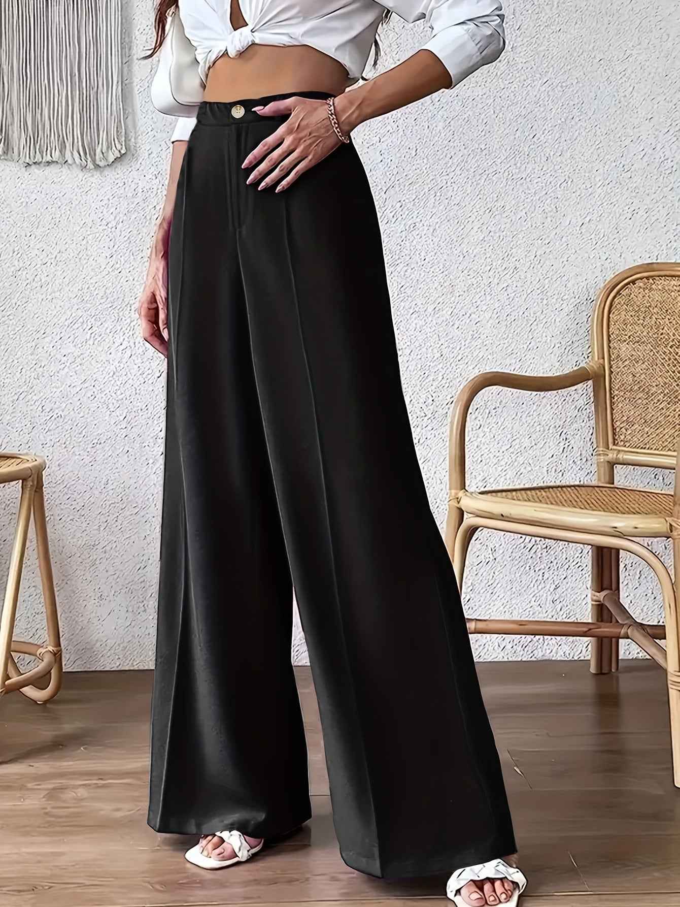 Solid Color Wide Leg Pull-Button Work Pants