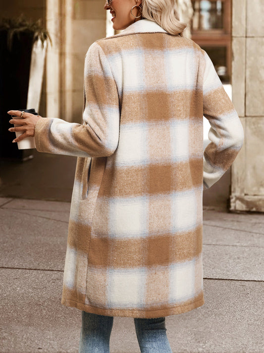 Autumn Winter Casual Retro Mid Length Double Breasted Collar Brushed Plaid Coat - Iyanka