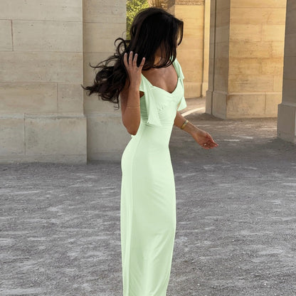 Women Clothing Summer Solid Color Sexy V neck Lace up Waist Controlled Slimming Tight Hip Dress