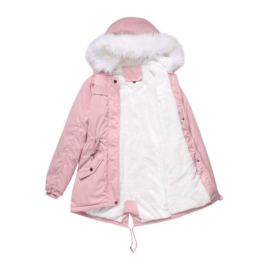Women Cotton Padded Coat White Fur Collar Parka Mid Length Hooded Winter Warm Velvet Coat Woman Cotton Dress - Iyanka