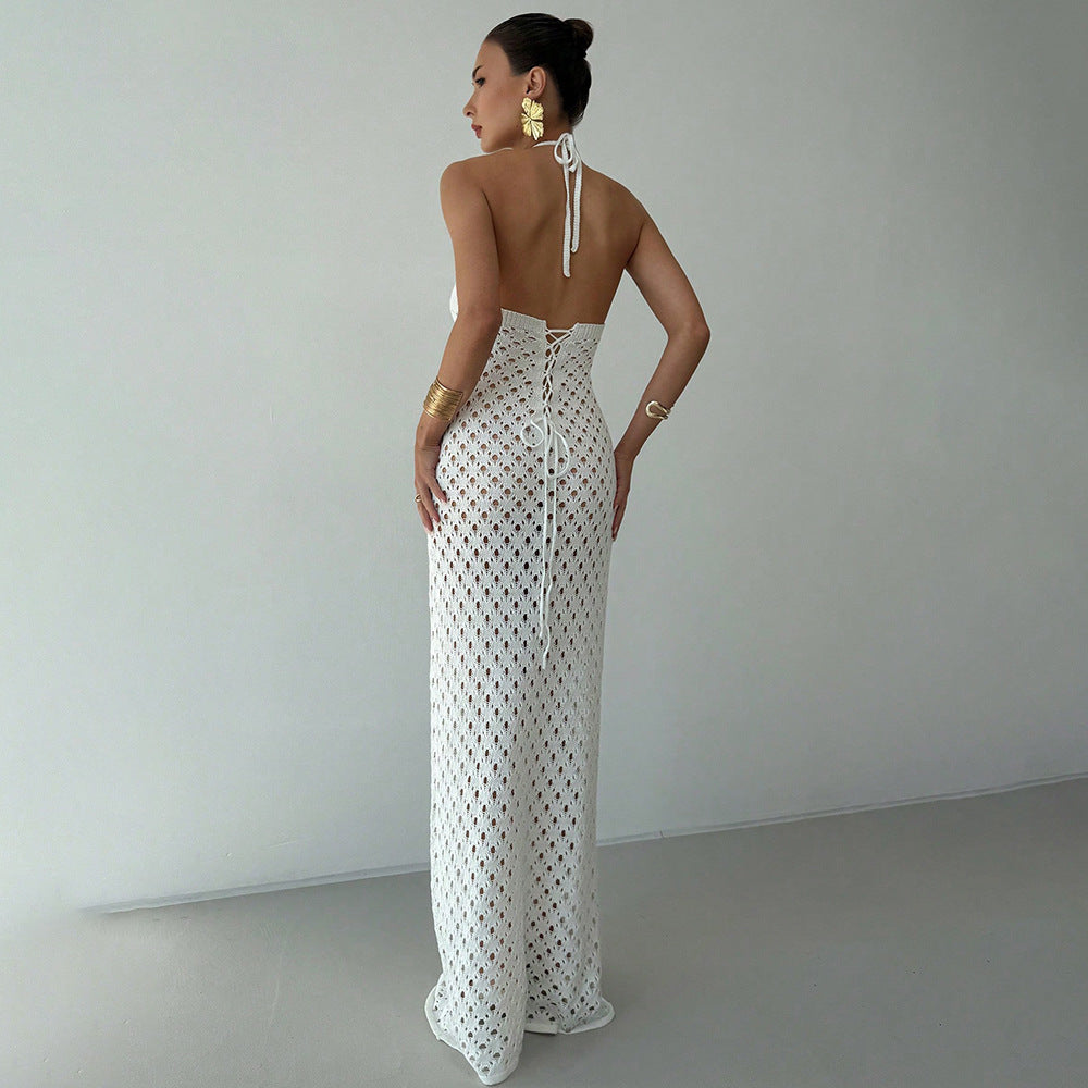 Summer Sexy Cutout Knitted Beach Skirt Bikini Swimsuit Solid Color Dress Women - Iyanka