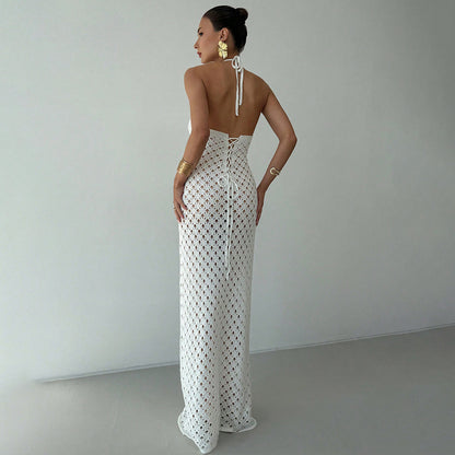 Summer Sexy Cutout Knitted Beach Skirt Bikini Swimsuit Solid Color Dress Women - Iyanka
