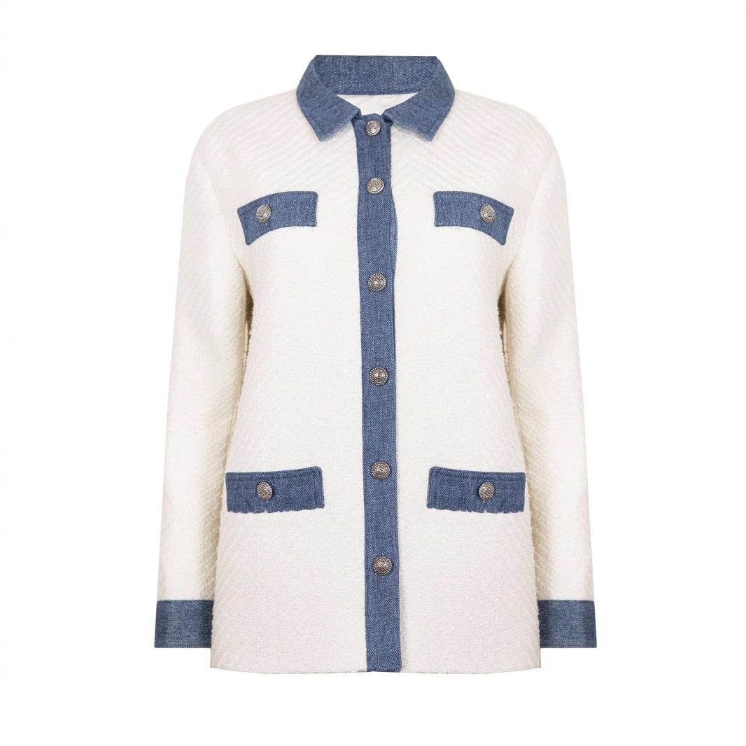 Office White Tweed Fabric Stitching Collared Four Bag Design Classic Patchwork Top Coat - Iyanka