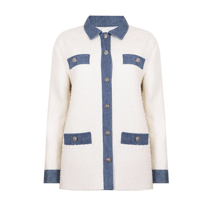 Office White Tweed Fabric Stitching Collared Four Bag Design Classic Patchwork Top Coat - Iyanka
