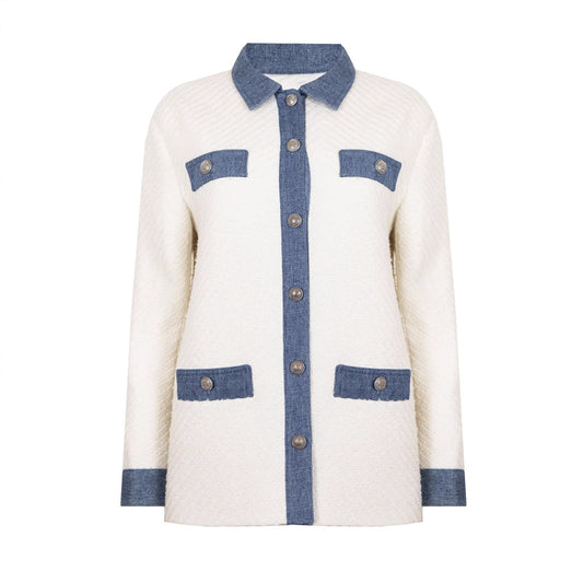 Office White Tweed Fabric Stitching Collared Four Bag Design Classic Patchwork Top Coat - Iyanka