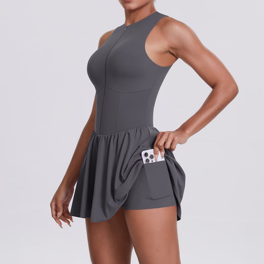 Cloud Sense Faux Two Pieces Zipped Stand Collar Dress Outdoor Running Anti Exposure Pocket Leggings Tennis Dress Women - Iyanka