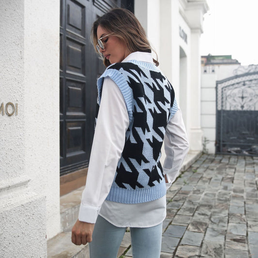 Houndstooth V-neck Vest Sweater Women Vest Outer Wear Inner Wear Autumn Winter Knitwear Sweater Boucle - Iyanka