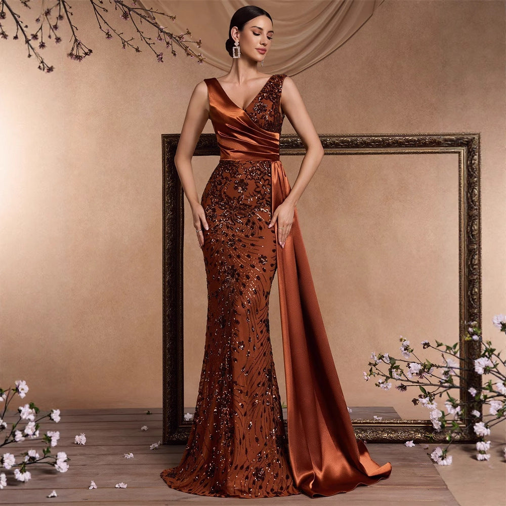 Elegant Sequin Stitching Fit V neck Sleeveless Elegant Gorgeous Noble Cocktail Party Formal Dinner Dress - Iyanka