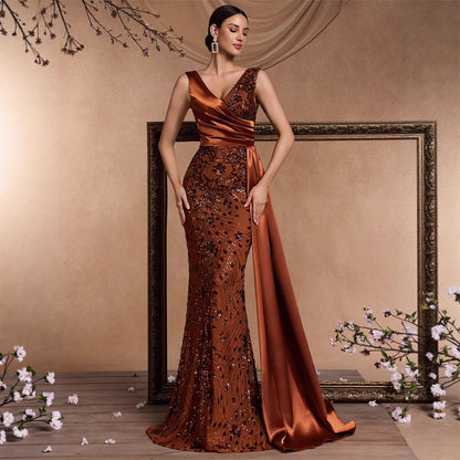 Elegant Sequin Stitching Fit V neck Sleeveless Elegant Gorgeous Noble Cocktail Party Formal Dinner Dress - Iyanka