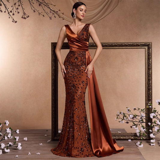 Elegant Sequin Stitching Fit V neck Sleeveless Elegant Gorgeous Noble Cocktail Party Formal Dinner Dress - Iyanka