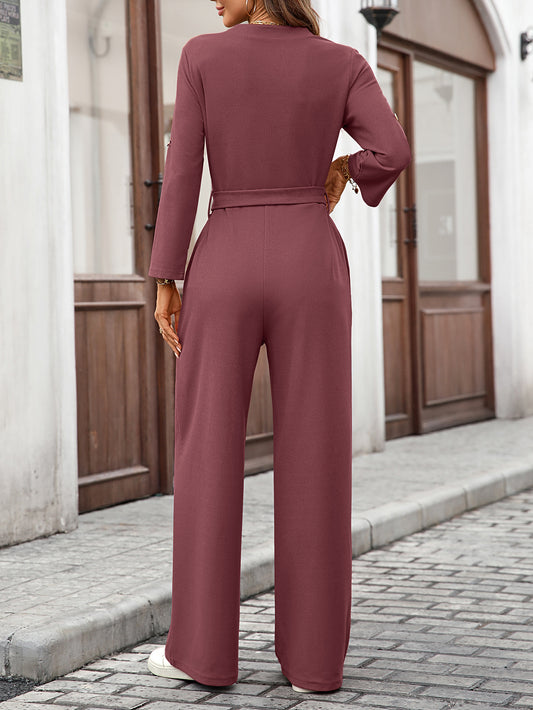 Spring Summer Solid Color High Waist Lace up Button Long Sleeve Loose Jumpsuit - Iyanka