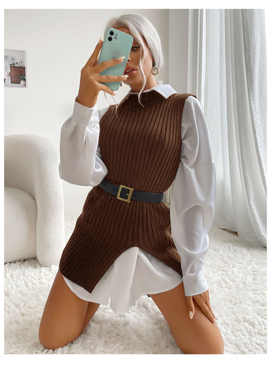 Dedicated for Early Autumn Middle East Women Split Solid Color Mid Length Vest Sweater - Iyanka