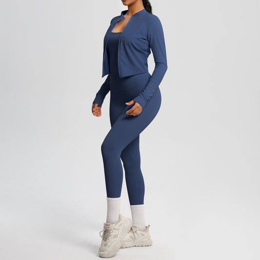 Skinny Yoga Pants High Waist Nude Feel Camisole Sports Zip Long Sleeve Coat Workout Clothes Three Piece Set - Iyanka