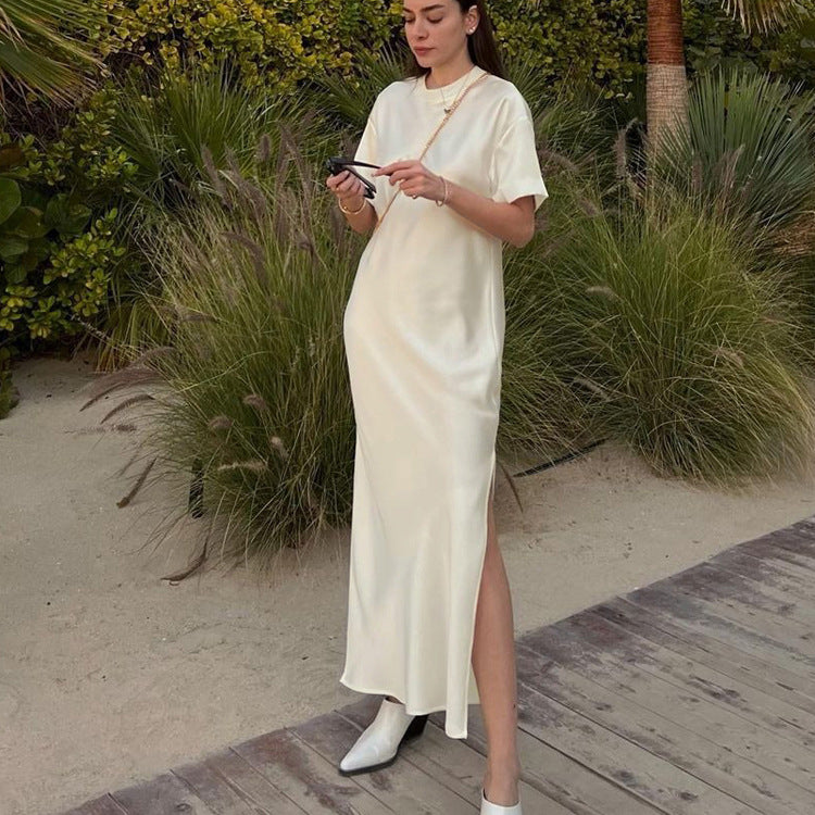 Simple round Neck Short Sleeve High Waist Dress Russian Women Casual Satin Draping Split Sheath Dress - Iyanka