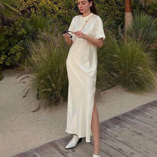 Simple round Neck Short Sleeve High Waist Dress Russian Women Casual Satin Draping Split Sheath Dress - Iyanka