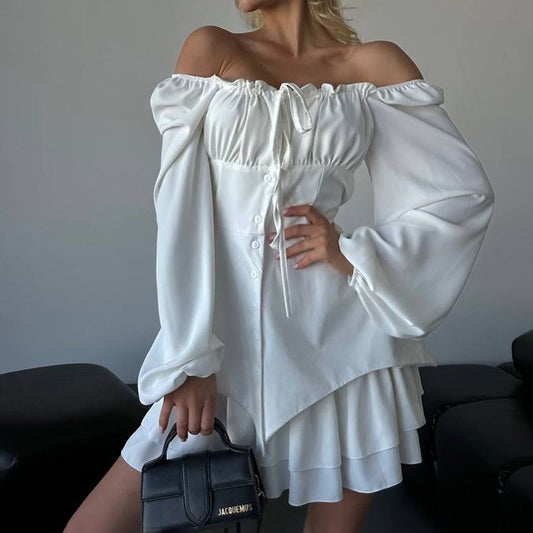 French Square Collar Graceful Puff Sleeve Fitted Waist Pleated Short Dress Women Faux Two Piece A line Dress