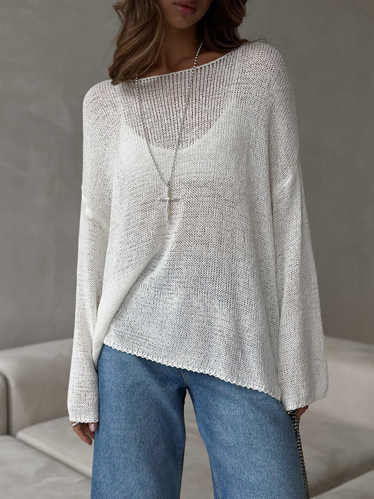 Simple Solid Color Long Sleeved Sweater Spring Knitted Hollow Out Cutout Top Casual Sweater - Iyanka
