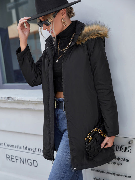 Casual Hooded Mid Length Trench Coat Overcoat Zipper Cotton Padded Coat Women - Iyanka