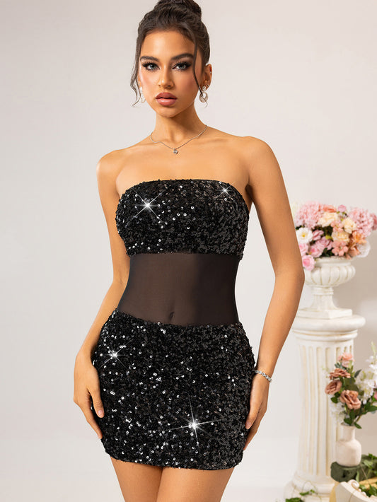 Sexy Backless Mesh Stitching Sequin Dress Women Clothing Dress - Iyanka