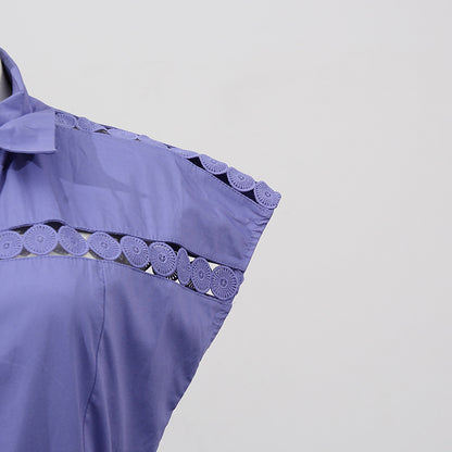 Solid Color Dress Summer Polo Collar Hollow Out Cutout out Belt Waist Trimming Short Sleeved Large Swing Dress Women