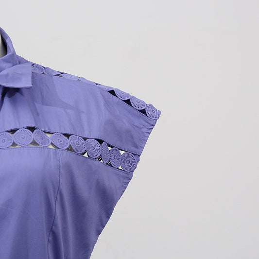 Solid Color Dress Summer Polo Collar Hollow Out Cutout out Belt Waist Trimming Short Sleeved Large Swing Dress Women