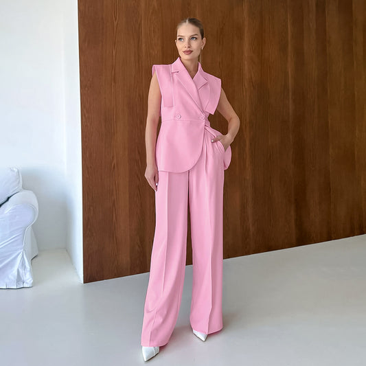 Pink Gentle Sleeveless Collar Loose Fitting Waistcoat High Waist Pocket Wide Leg Pants Summer Casual Set Women - Iyanka