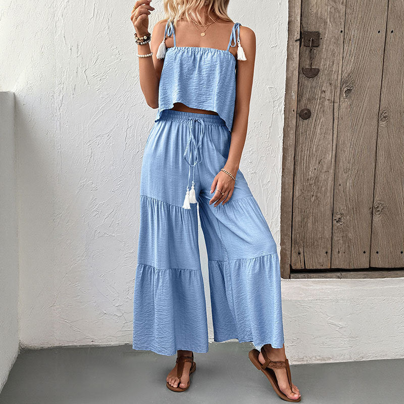 Fresh Air Sling Top Wide Leg Trousers Solid Color Set Two Piece Summer Wear Women - Iyanka