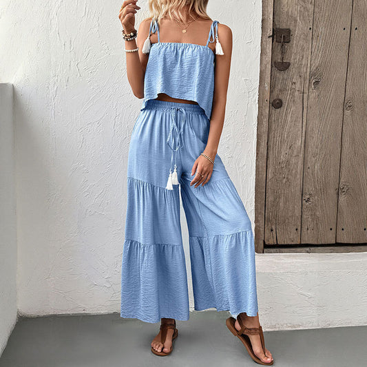Fresh Air Sling Top Wide Leg Trousers Solid Color Set Two Piece Summer Wear Women - Iyanka